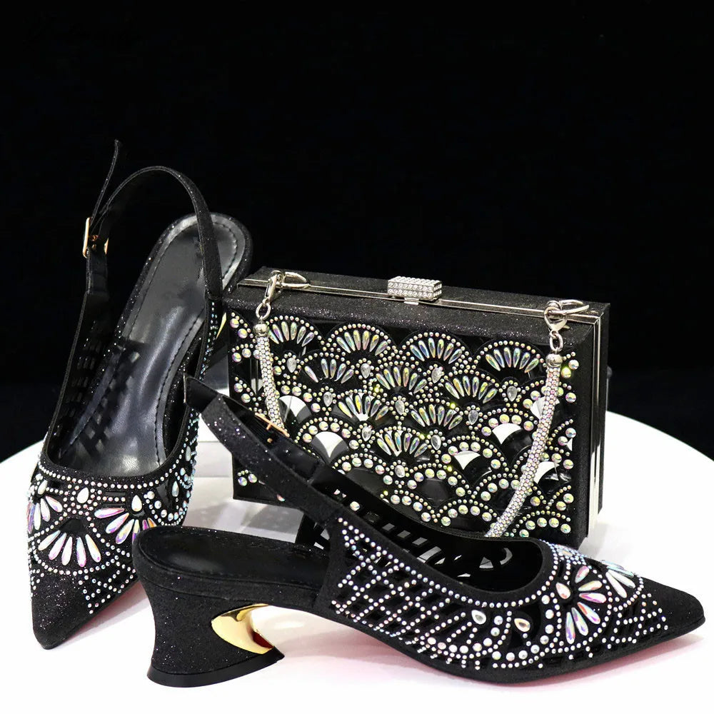 Maxy New Arrival African Pumps Shoes and Bag to Match Set Italian Summer Decorated With Rhinestone Ladies Shoes With Party Bag Set
