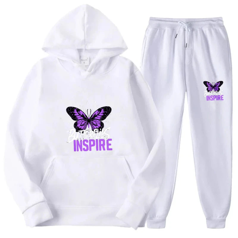 Maxy Hoodie Set White Butterfly Inspire Print Sweatshirt & Pants Tracksuit for Women Gym Yoga Casual Wear