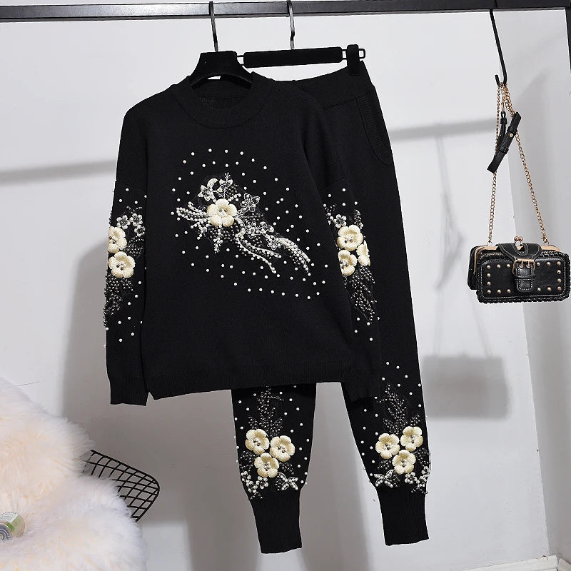 Maxy Autumn New Tracksuit Women Beading Flower Knitted Sweater + Pencil Pants Two Piece Set Female Casual Pullover Tops Trousers Suit