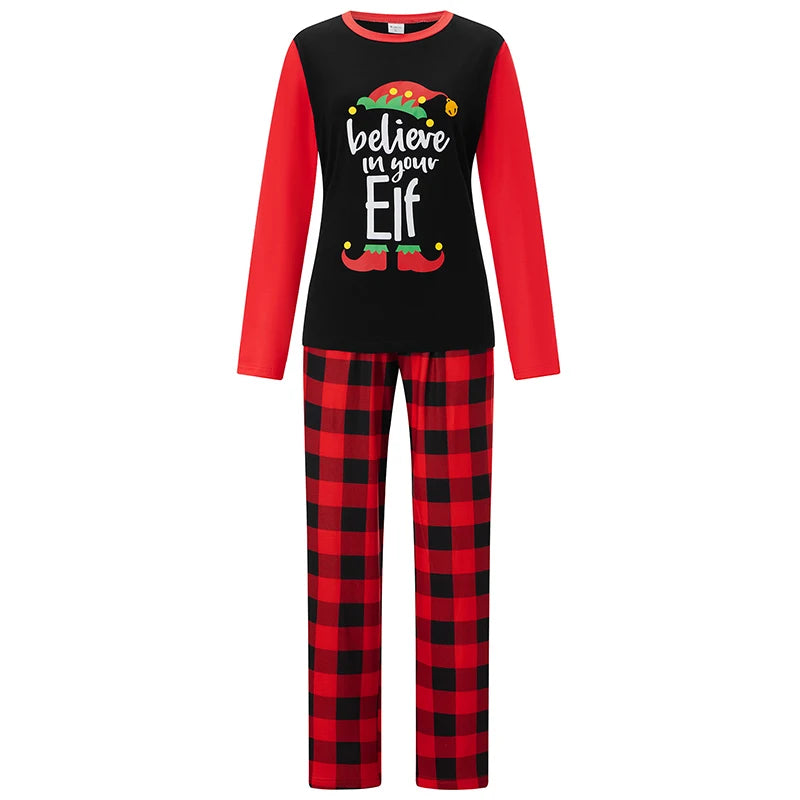 Matching Christmas Pajamas for Family Long Sleeve Elf Print Tops Plaid Pants Set Loungewear