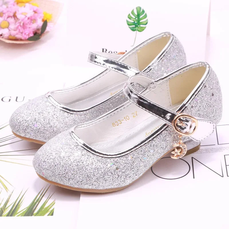 Amay Children Princess Shoes student dance shoes for Girls High Heel Sandals Dress Purple Kids Leather Glitter Crystal Shoes Banquet