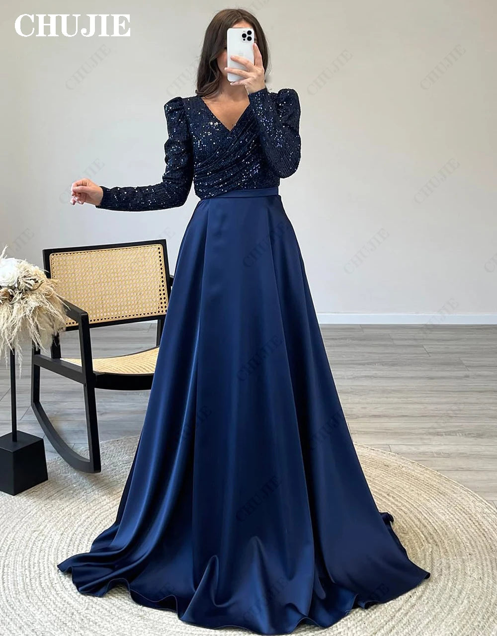 Maxy Customized Pleated Prom Dress Elegant Long Sleeve V-neck Glitter Navy Women Evening Dress A-line Formal Prom Party Gown Vestdos