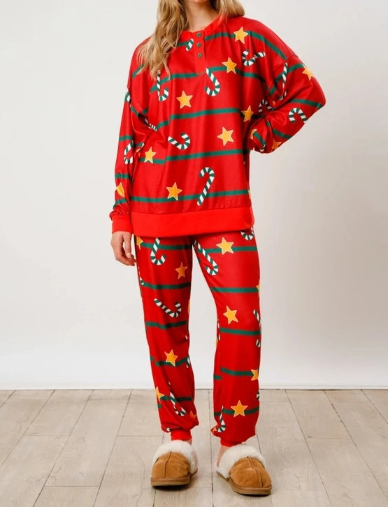 Comfortable Two Piece Set for Woman Casual Home Wear Christmas Print O-Neck Long Sleeved T-Shirt Slim Fit Pants Urban Pajama Set