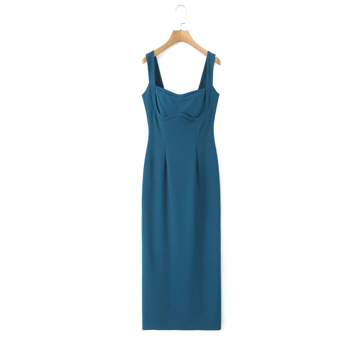 Maxy 3D Breast Cup French Slim Waist Solid Color Strap Dress Premium Plus Size Women Square Collar Back Slit Long Formal Dress 9182