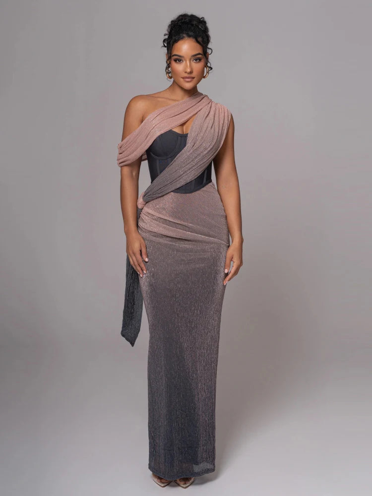 Maxy Sexy One Shoulder Draped Glitter Long Dress Women Brown Corset Sparkly Backless Bodycon Maxy Dresses Evening Party Gowns