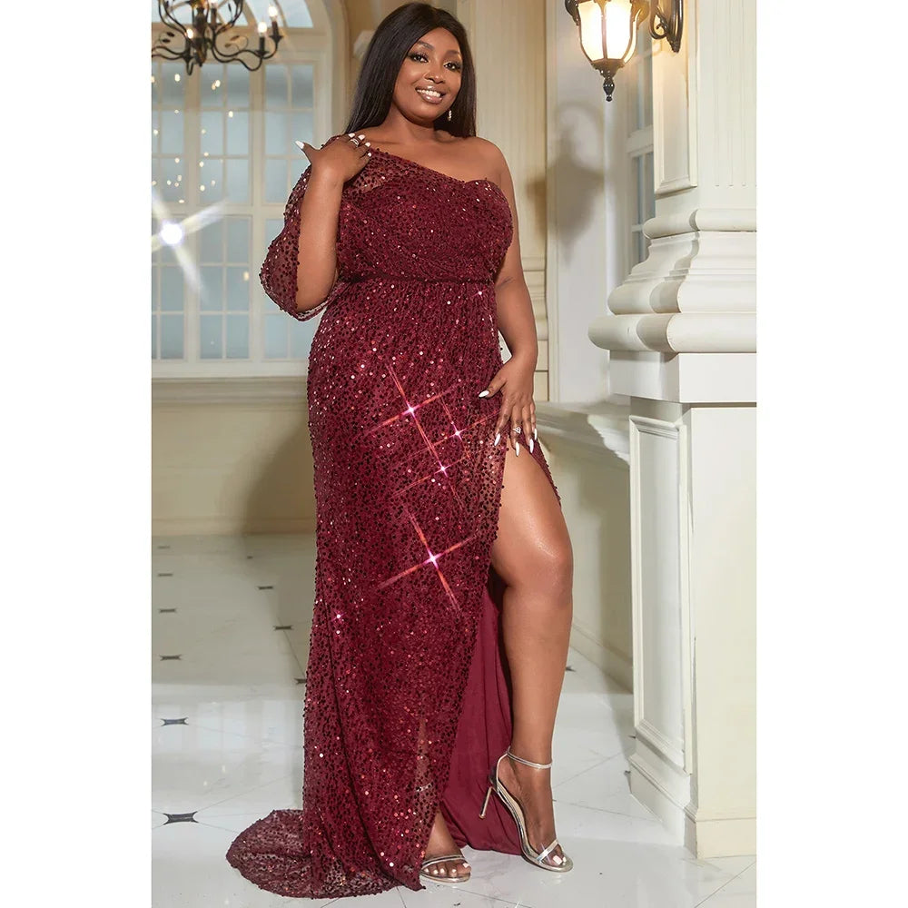 Maxy Plus Size Burgundy Formal One Shoulder Backless High Split Irregular Sequin Christmas Dress Elegant Party Long Dress