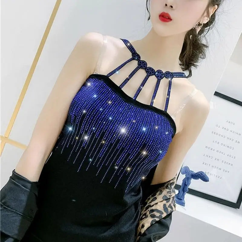 Maxy Spring Summer New Fashion Women Vest Camisole Pendant Bottomed Lady Shirt Vest Color Diamond Rhinestone White Blue