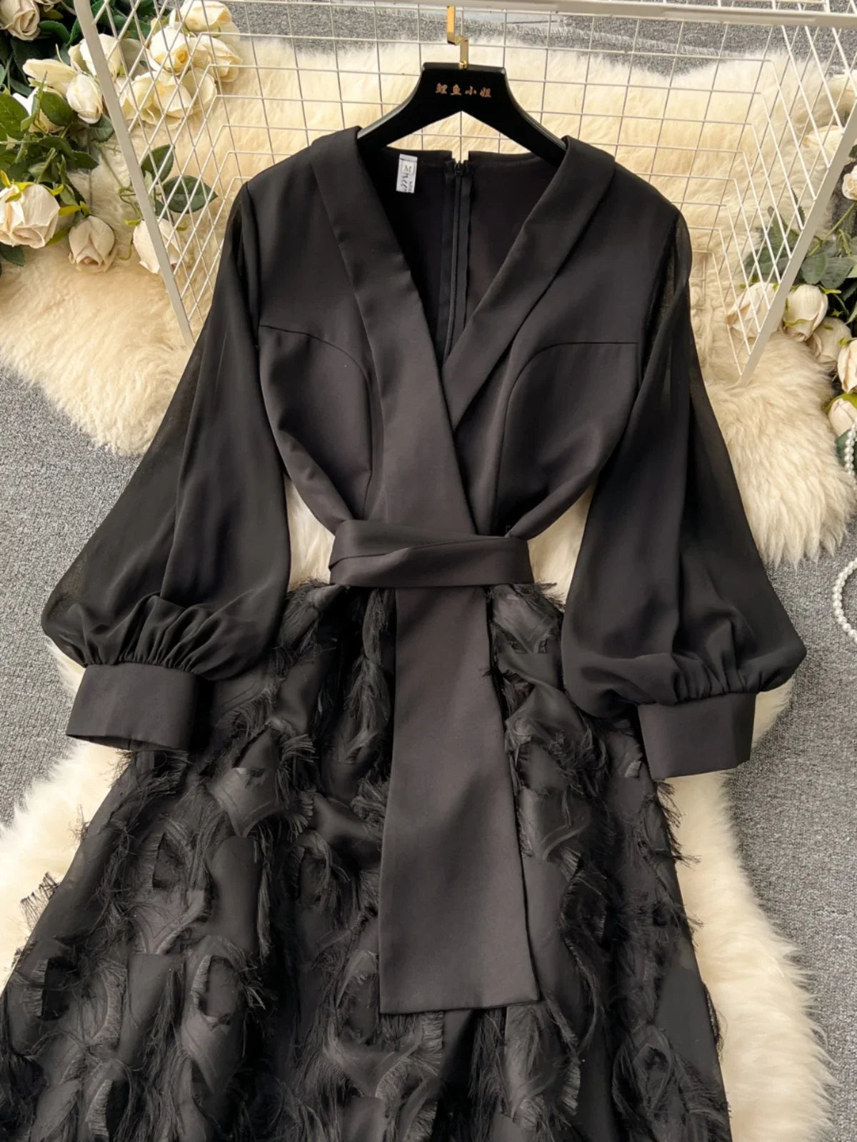 Maxy Women Vintage Black Long Dress Autumn French Bubble Sleeve Splicing Tassels Party Dresses Ladies Slim A-line Elegant Long Robe