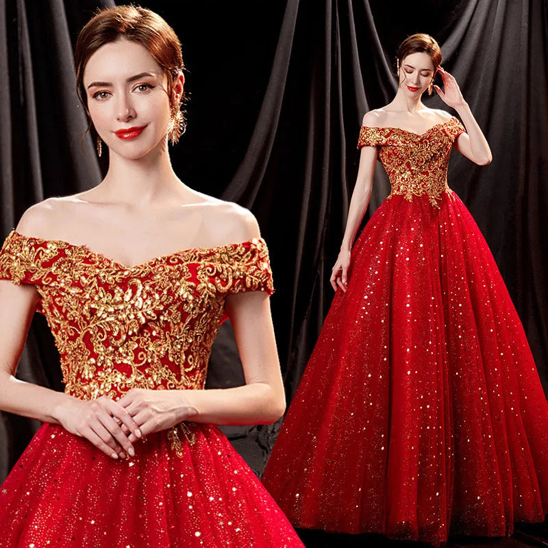 Maxy New Sparkling Gilded Red Glitter One Shoulder Bridal Wedding Toast Evening Dress Fashion Stage Performance Big Pendant Dress