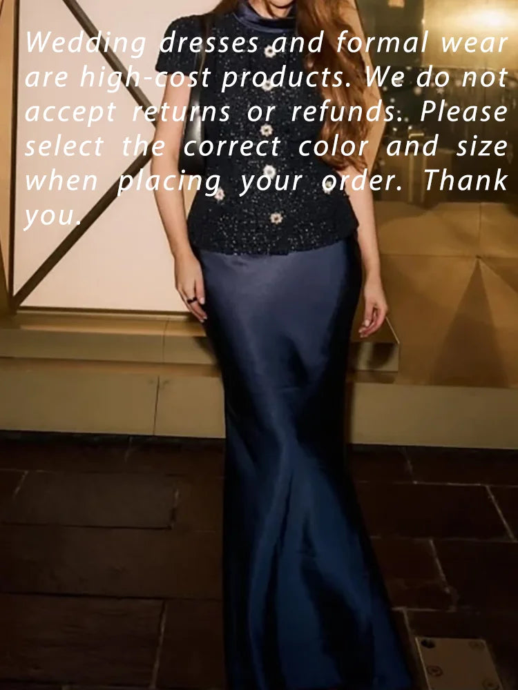 Maxy Classic High Neck Sequined Button Short Sleeve Floor Length Formal Evening Dresses Birthday Party Prom Gowns Customized