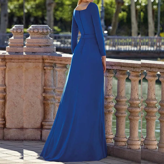 Maxy Royal Blue Evening Dresses Floor Length Square Collar Long Sleeve Gowns Formal Party Pleat Front Split Prom Dress