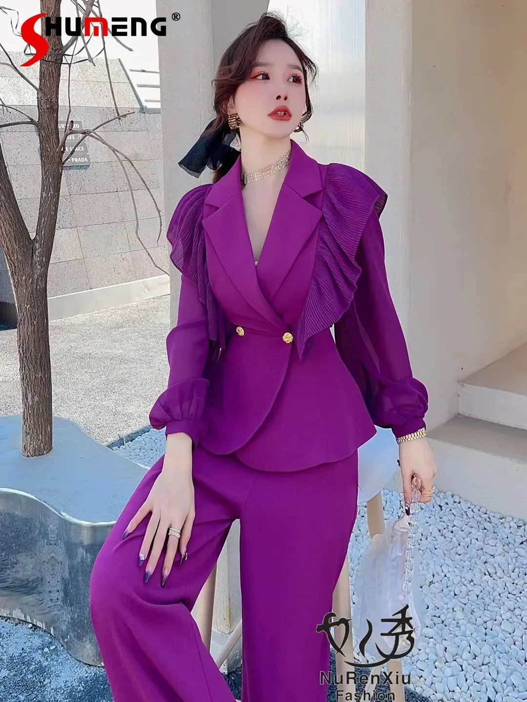 Temperament Suit Women Outfits 2023 Spring New Chiffon Ruffled Stitching Suit Coat High Waist Loose Wide Leg Pants Two-Piece Set