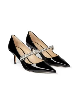 ViscoBright Black Single Shoes with Rhinestones Low Heels Patent Leather Women Dress Shoes Pointed Toe Stilettos with Ankle Strap