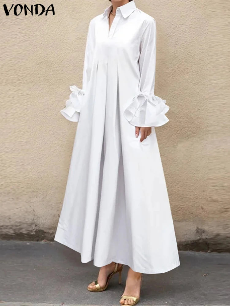 Maxy Plus Size 5XL VONDA Women Elegant Shirt Dress Ruffle Pleated Maxy Long Dress Casual Loose Solid Sundress Long Sleeve Robe