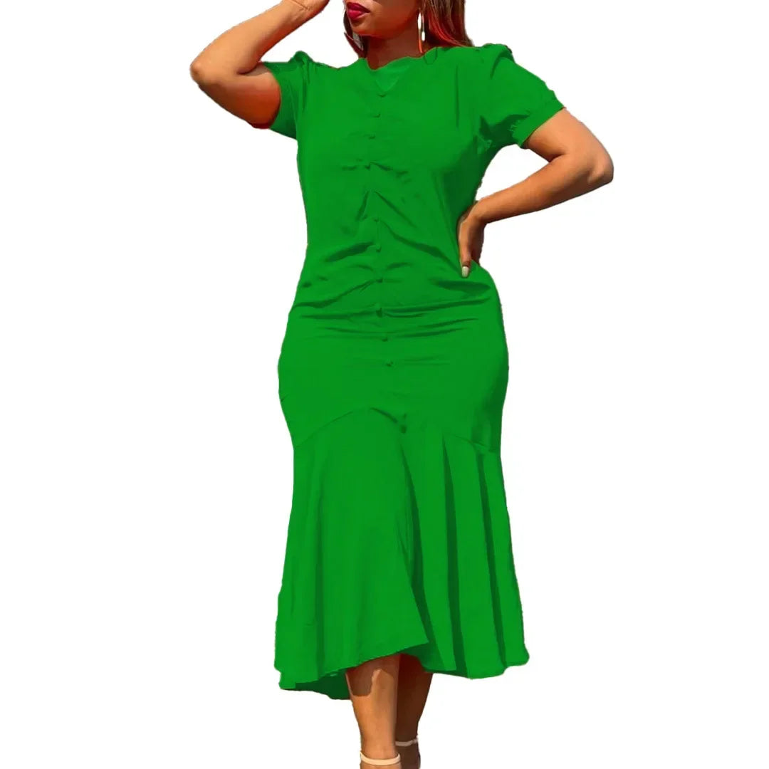 Amay Summer Elegant African Women V-neck Polyester Green Black Red Short Sleeve Dress S-3XL African Dresses for Women