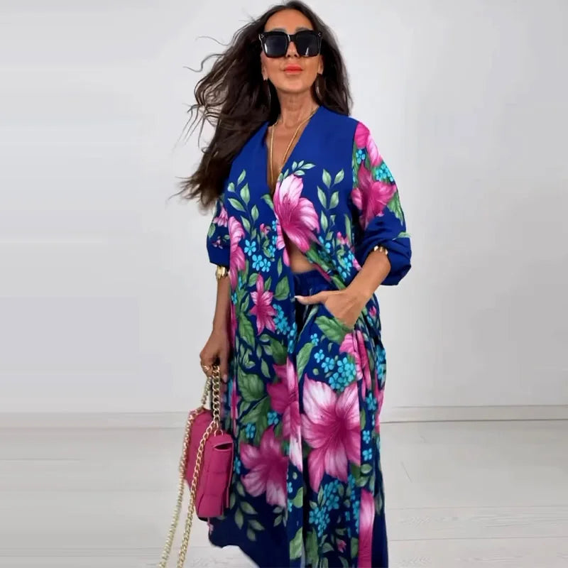 Maxy Business Casual White Tropical Print Long Sleeve Pocket Casual Wide Leg Two Piece Pant Set for Women Autumn Vintage 2 Piece Set