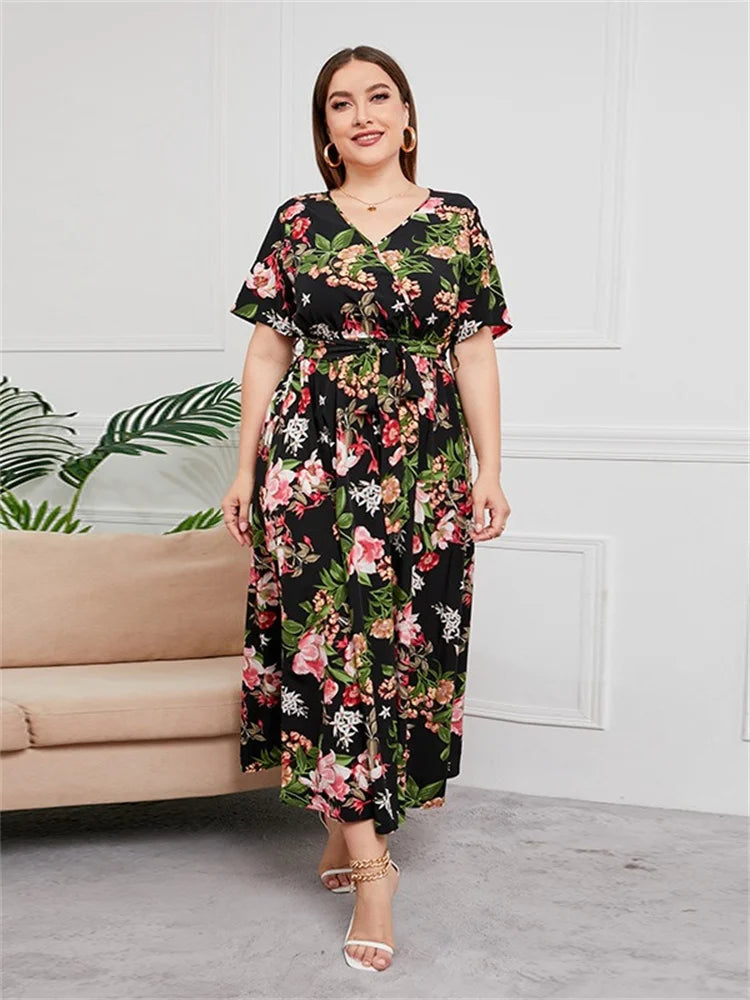 Wmstar Plus Size Dresses for Women Short Sleeve Flower Printed V Neck Loose  Maxi Dress with Bandage Wholesale Dropshipping 2023