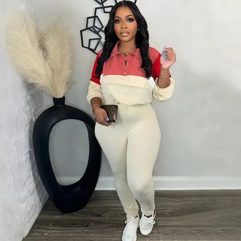 Maxy Sporty Casual Two Piece Set for Women Sweatsuit Fall Winter Patchwork Sweatshirt Top and Pants Running Tracksuit Joggings Femme