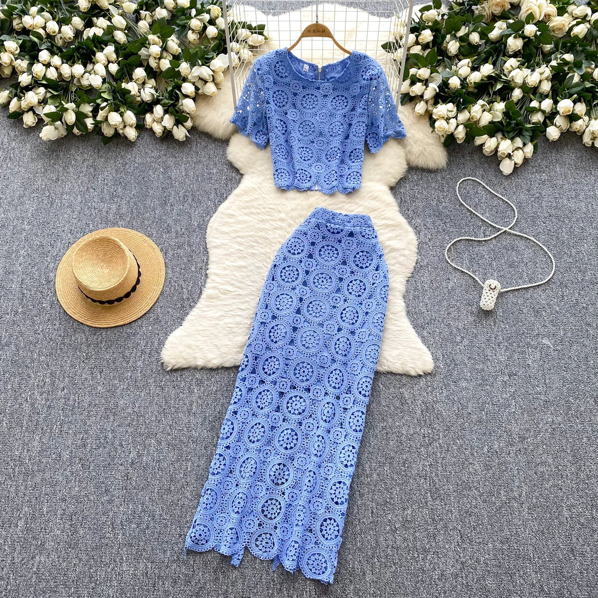 Maxy Sexy Chic Hook flower hollow lace Elegant Korean Fashion Slim Summer vintage Beach dress women clothing