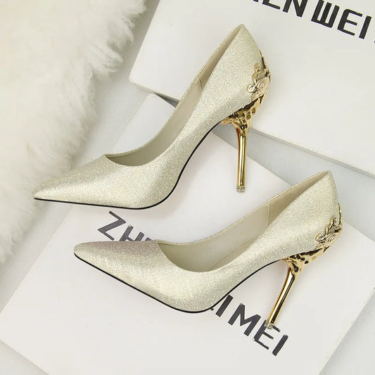 Amay new Women Carved Metal Heels Wedding Elegant Women Pumps Red Gold Solid Flock/PU Shallow Pointy Toe Dress High Heel Shoes Woman Autumn