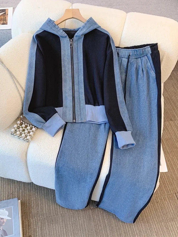 Vintage Denim Coat Pants Women 2 Piece Set Hooded Long Sleeve Single-breasted Jacket Female Suit 2024 Office Lady Commute Outfit