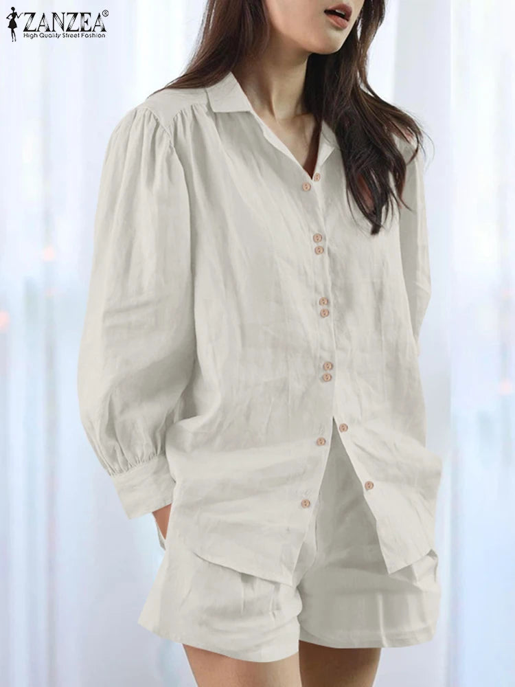 Maxy Women Shorts Sets ZANZEA Elegant Long Sleeve Shirt Pant Suit Spring 2PCS Outfits Casual Loose Matching Set Summer Tracksuit