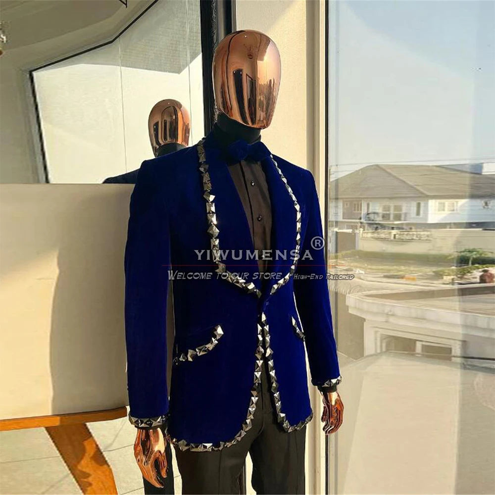 Visco Royal Blue Velvet Wedding Suits for Men Slim Fit Crystals Beaded Jacket with Black Pants 2 Pieces Set Groom Prom