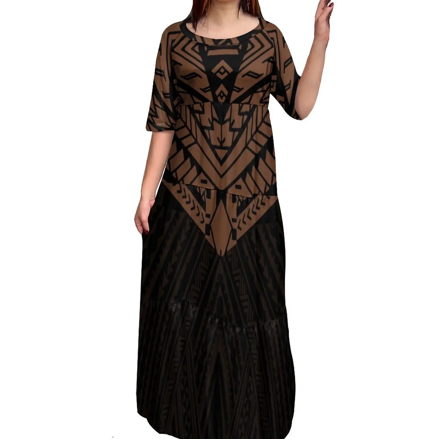 Maxy Customize Printed Logo Oem Dress Brown Polynesian Tribal Tattoo Dresses Ladies Flare Sleeve Round Neck Casual Mini Bodycon Dress