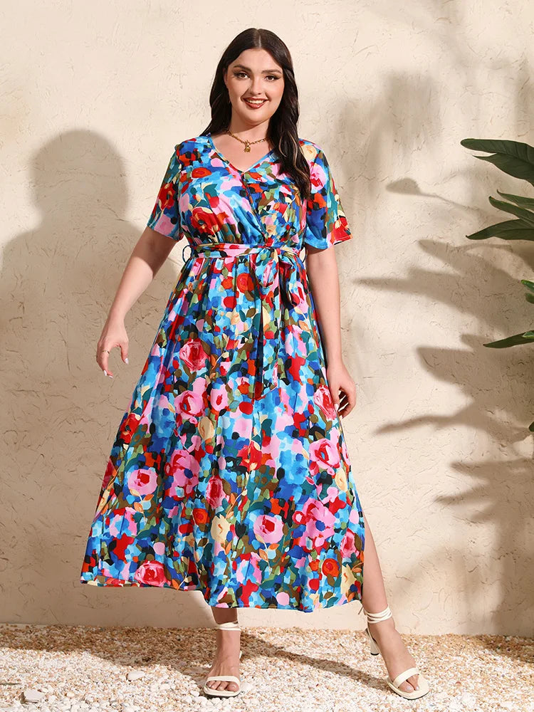 Maxy Plus Size Boho Print Vacation Maxy Dress Women Summer V Neck Short Sleeve Beach Split A-Line Dresses With Belt