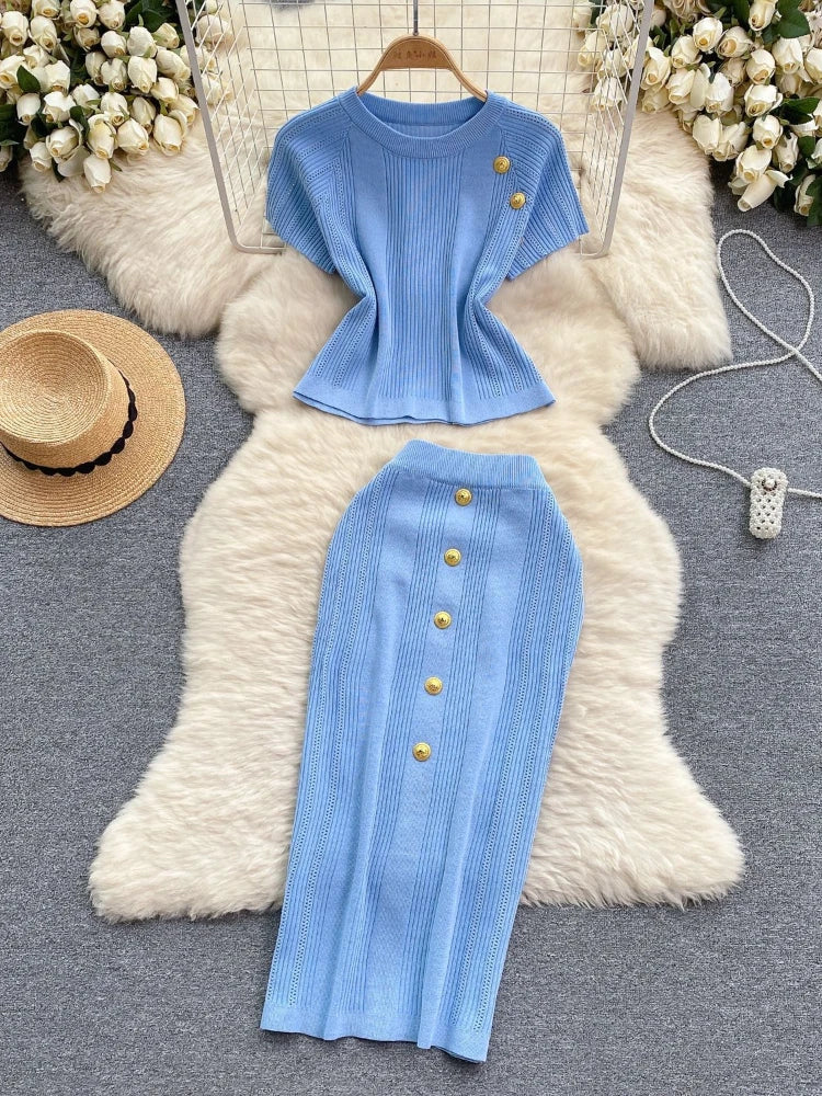 Maxy Skirt Set Women Two Piece Sets Dress Sets Short Sleeve Knitted Tops High Waist Long Skirts Elegant Splice Y2k Streetwear Work