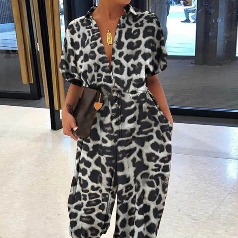 Amay Summer Fashion V-Neck Button Lace-Up Jumpsuit Short Sleeve Loose Playsuit Overalls Women Elegant Leopard Print Pocket Rompers