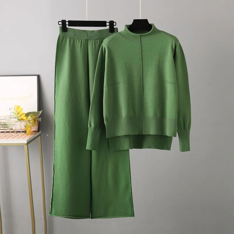 Maxy Winter Sweater for Women Tracksuit Half High Collar Knit Solid Color 2 Piece Set Knitted Pullover Sweater Elastic Trousers Suits