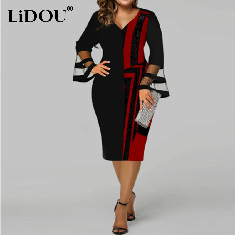 Maxy Autumn New Fashion Trend Street Style Plus Size Dresses Women Oversized Bodycon Robes Print Patchwork