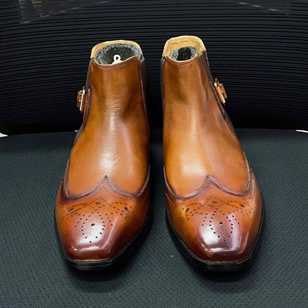 Visco Men's Real Cow Leather Ankle Boots, Slip on Buckle Strap Wing Tip Luxury Design Classic Dress Boots Handmade Basic Shoes for Men