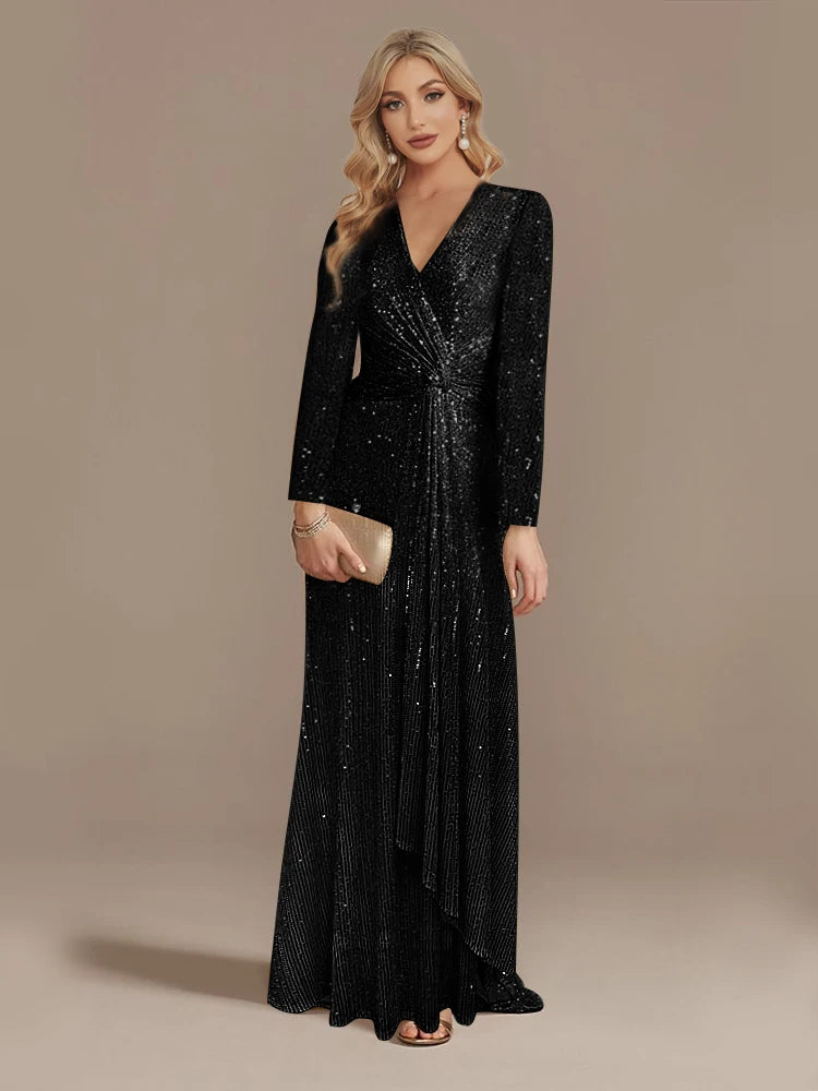 Maxy Luxury Long Sleeve V-Neck Evening Dress Wedding Party Sequins For Women Female Guests Red Prom Cocktail Dresses