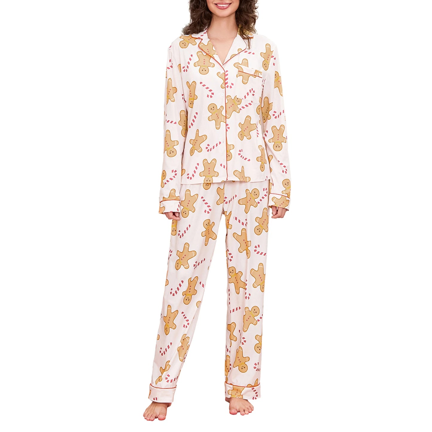 Womens Christmas Max Print Pajamas Set Long Sleeve Turn-down Collar Tops and Pants Loungewear Set