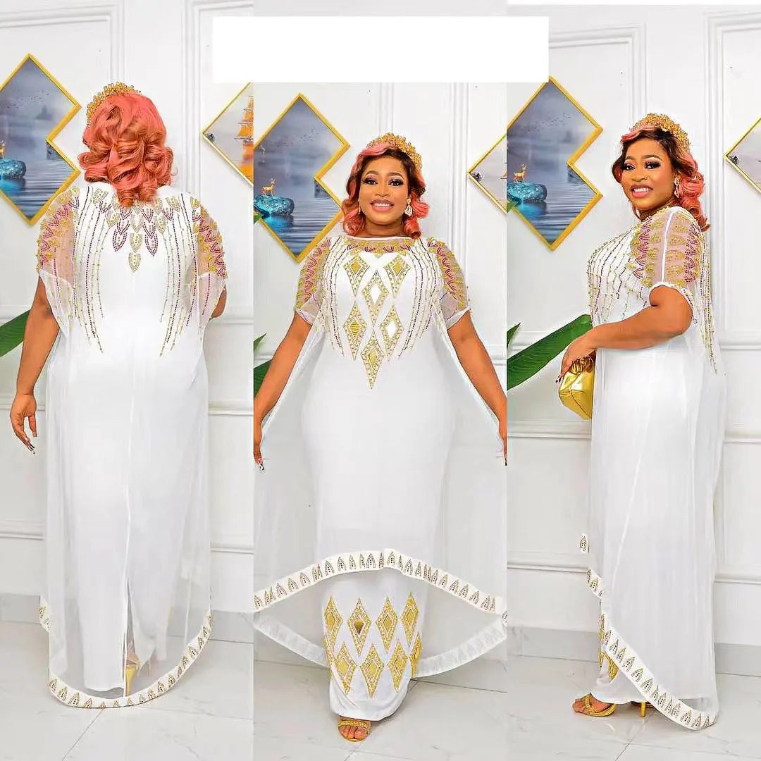 Maxy Two-Piece African Dresses for Women Traditional Nigeria Mesh Hot Drill Caftan Dress Abaya Musulman Robe Femme Clothes