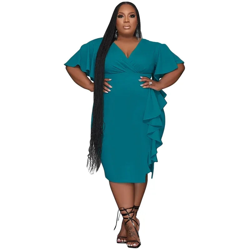 Maxy Plus Size Women's Summer Bodycon Dress Short Sleeve Solid Color Ruffle Hem Knee-Length