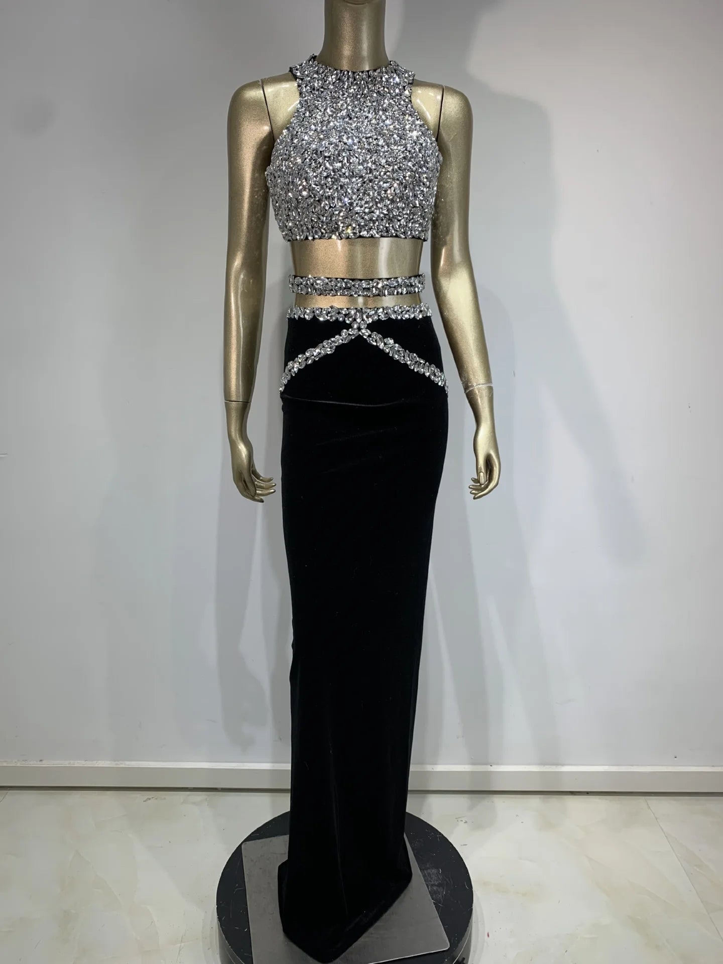 Maxy Women Luxury Party Outfits Rhinestones Crop Top and High Waist Long Skirt Two Piece Sets Birthday Celebrity Evening Garments