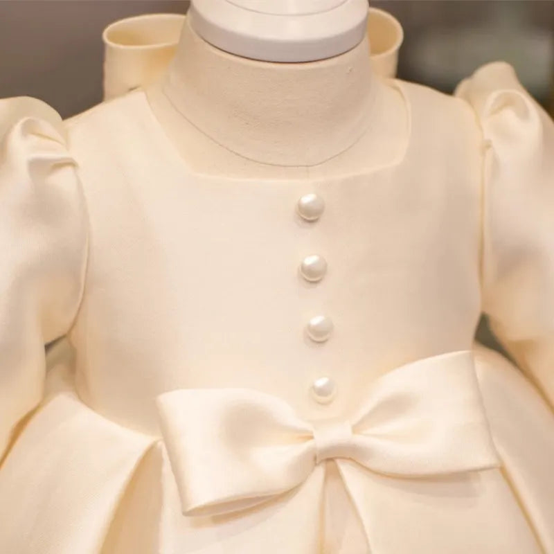 Maxy Newborn Girl Princess Bow Button Dress Long Sleeve Infant Toddler Child Vestido Wedding Party Birthday Baby Clothes 12M-10Y