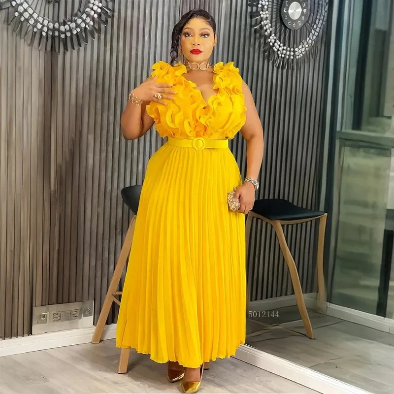 Amay Women Plus Size Clothes Luxury Wedding Party Maxy Fashion Dress Evening Gown Three-dimensional Ruffles Robe Dress