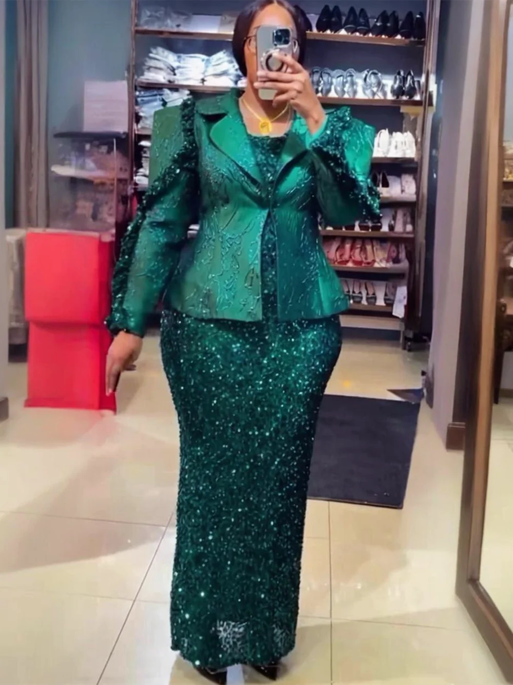 Maxy 2 PCS Sets Clothes for Women Dashiki Ankara Sequin Robe Plus Size Turkey Wedding Evening Party Dresses with Coat