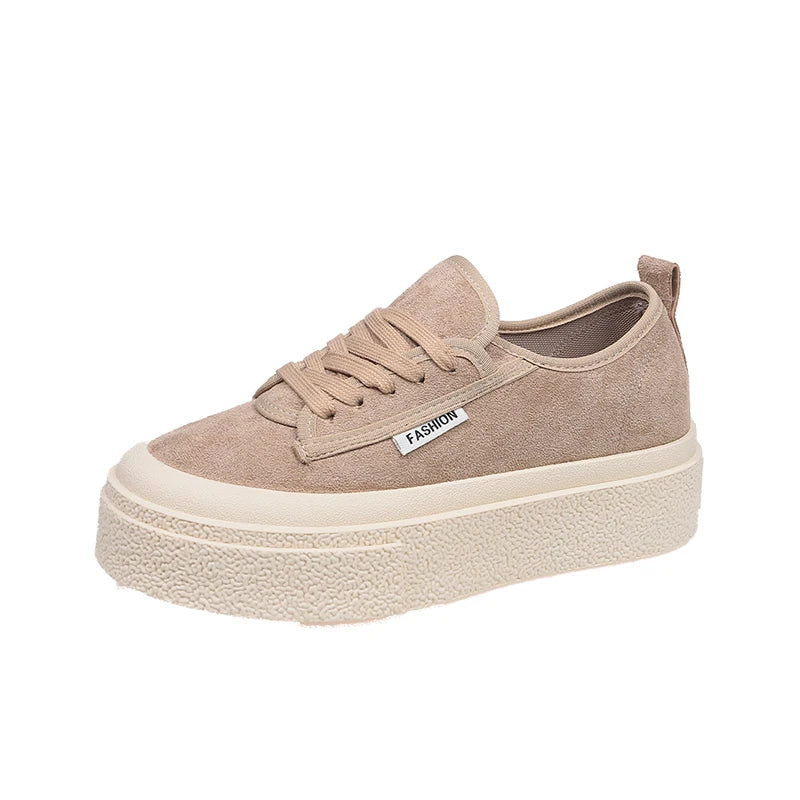 Maxy Soft Suede Leather Casual Shoes Women Sneakers Clogs Platform All-Match Spring Round Toe Cross-tied Frosted Flats Shoes Women