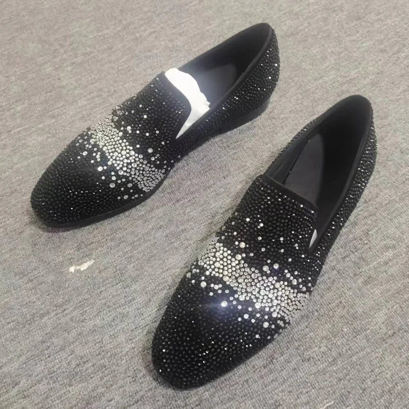 Visco New Stylish Shining Rhinestone Loafers for Men Fashion Suede Shoes Man Dress Shoes Luxury Slip On Party And Wedding Shoes