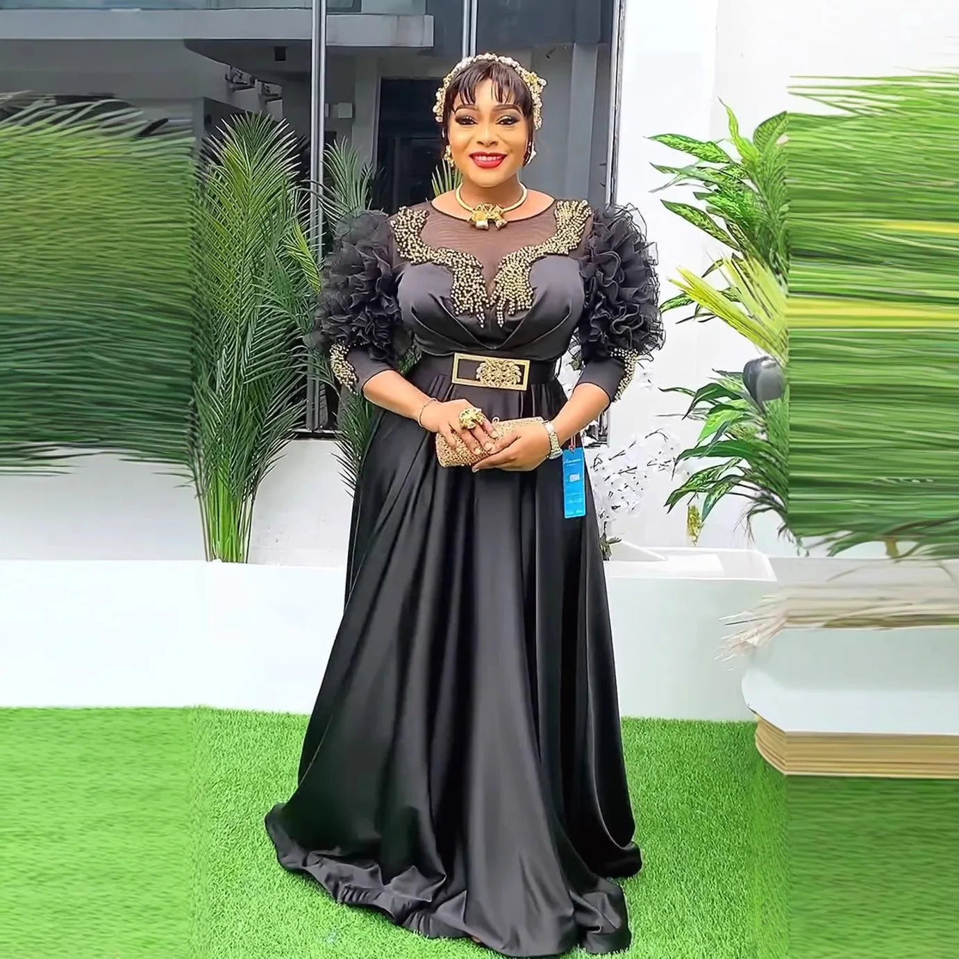 Amay Women Party Evening Dress Luxury Lace Sleeve High Waisted Plus Size Gown Ankara Wedding Outfits Muslim Sequin Maxy Dress