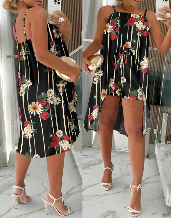 Maxy Sexy Elegant Floral Print Slit Longline Top & Shorts Set Womens Two Piece Sets Outfit New Fashion Summer Casual
