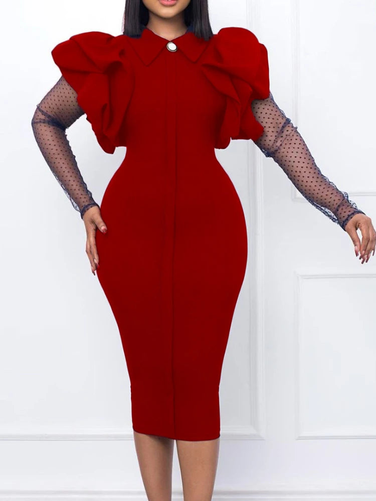 Women Dress Ruffles Patchwork Mesh Long Sleeves Elegant Office Ladies Work Wear Autumn Winter Female Classy Modest African Robes