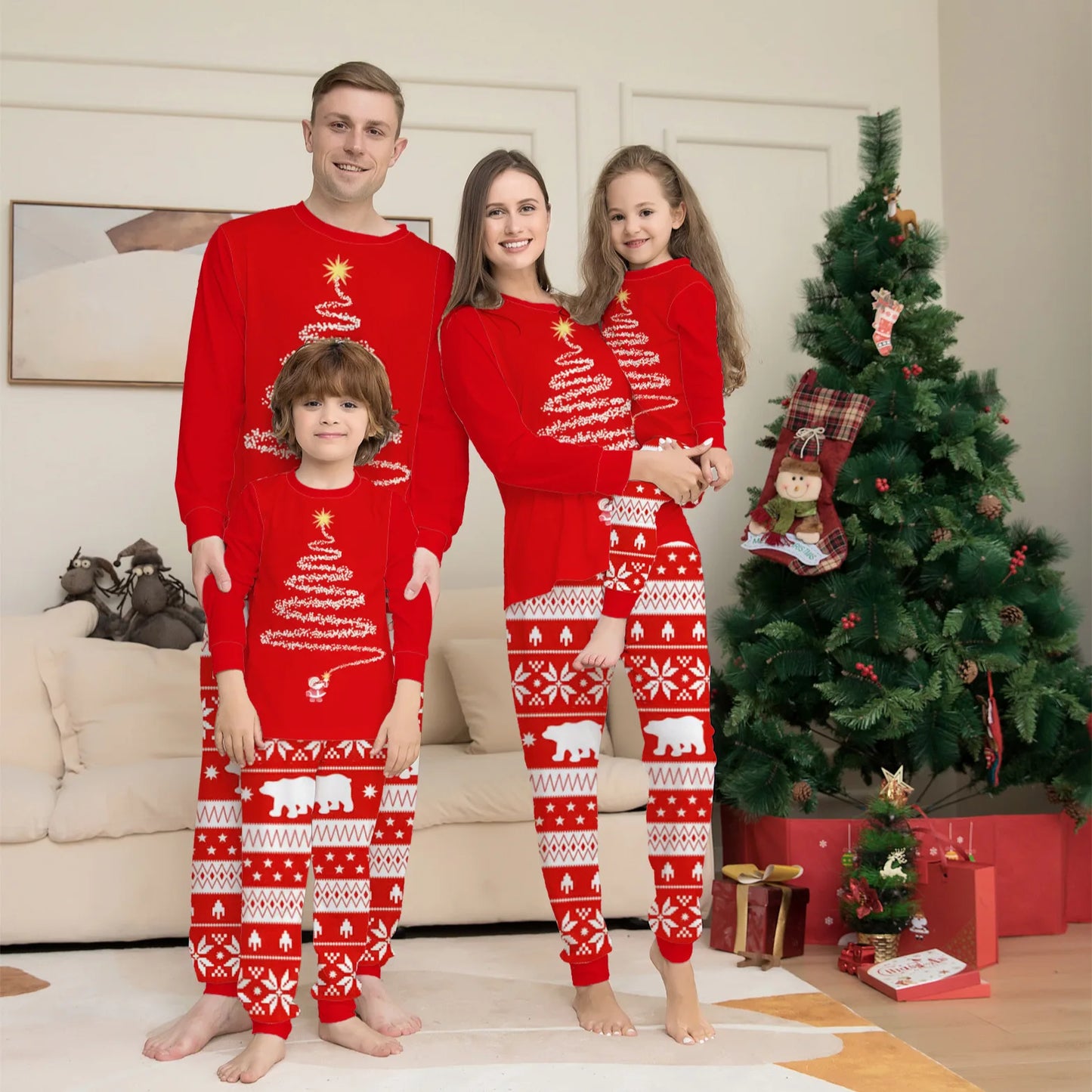 Gaxy 2024 Europe and the United States Christmas matching home clothing printed pajamas Christmas family crew-neck long-sleeved suit