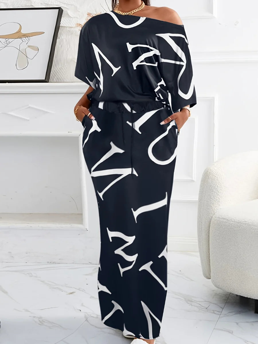 Maxy LW Letter Print Loose Fit Two Pieces Black Elegant Dresses Suits Long Sleeve One Shoulder Top&Drawstring Maxy Skirts