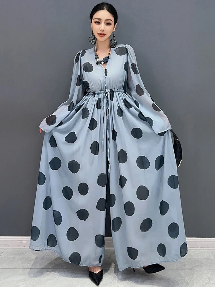 Babs Spring Summer New Chiffon Printed Polka Dot Jumpsuit V-neck Long Sleeved Wide Leg Skirt Pants Women's Elegance